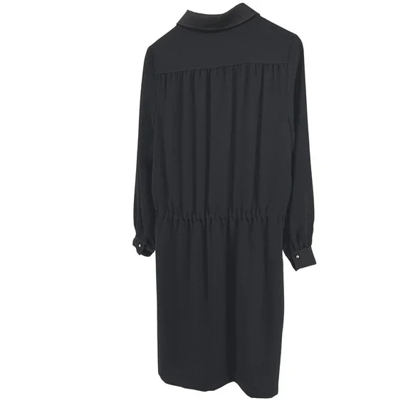 ST. JOHN‎ Black Crepe Silk Blend Long Sleeve Collared Shirt Dress Drawstring 12 - Picture 6 of 9